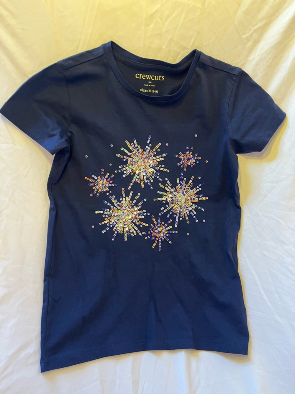 Crewcuts Navy tee (M) with  sequin starbursts/ fireworks